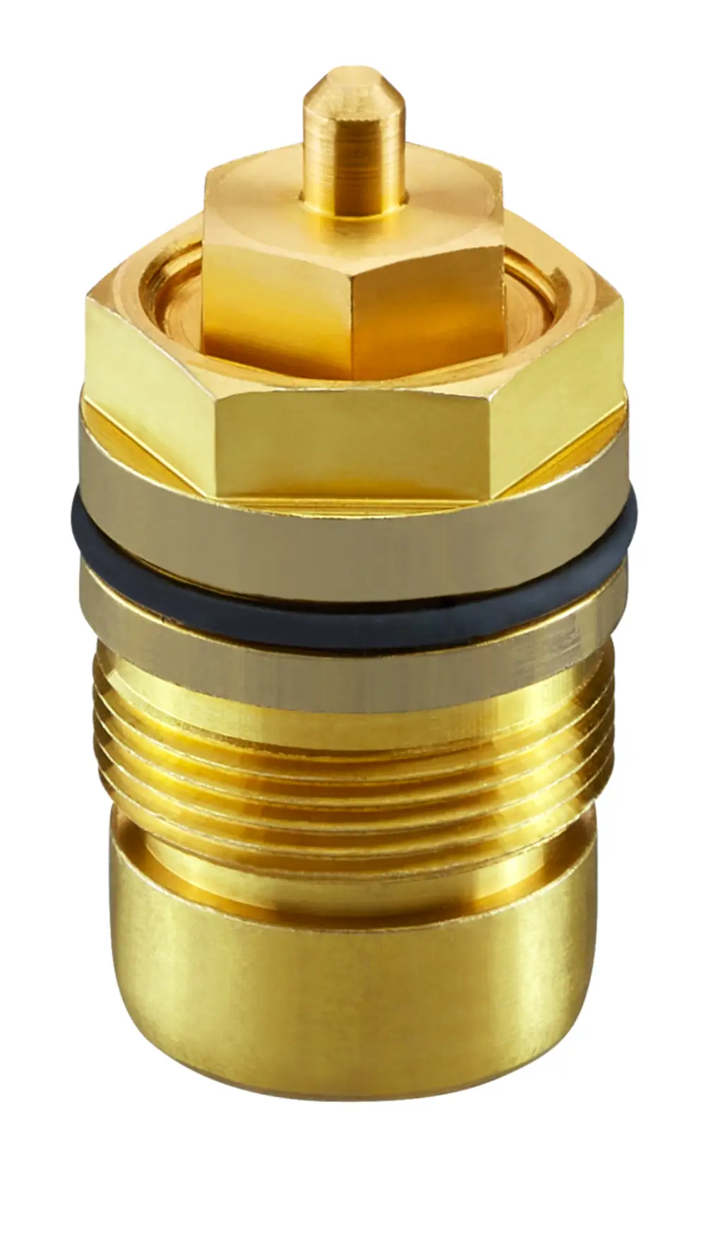 Goldfarbener Ventileinsatz von Oventrop mit hexagonalem Kopf und Gewinde, geeignet für verschiedene Heizungsanwendungen.